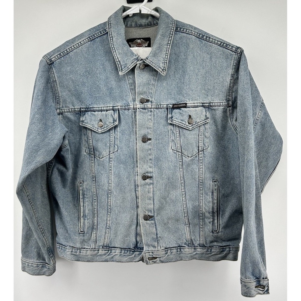 Harley Davidson Motorcycles Light Denim Jacket Button Front Logo Back Men's XL